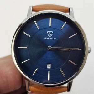 Men's Watch Minimalist 40MM‎ Gray Case Blue Dial Date Light Brown Leather Straps